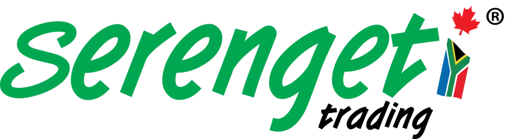 Serengeti Trading logo featuring green text with a South African flag and Canadian maple leaf