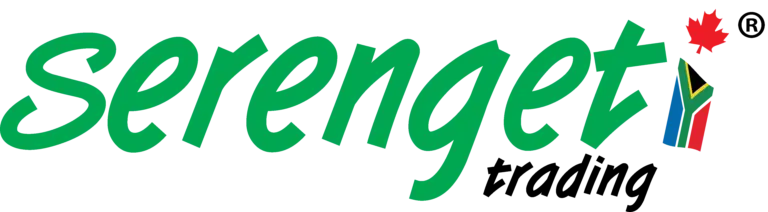 Serengeti Trading logo featuring green text with a South African flag and Canadian maple leaf