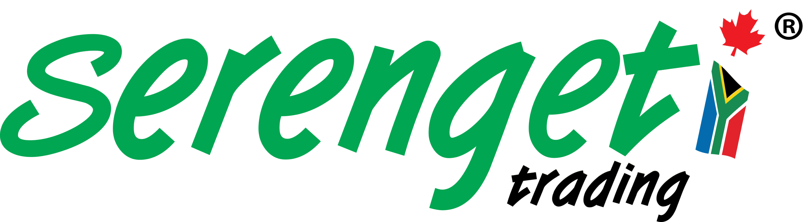 Serengeti Trading logo featuring green text with a South African flag and Canadian maple leaf