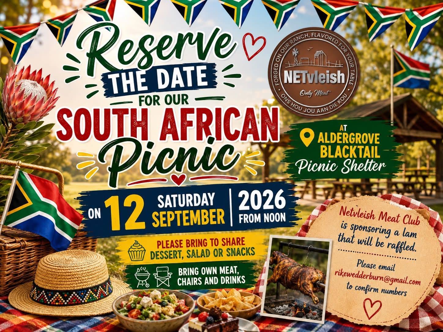 Reserve the Date poster for the South African Picnic at Aldergrove Blacktail Picnic Shelter, Saturday 12 September 2026 from noon